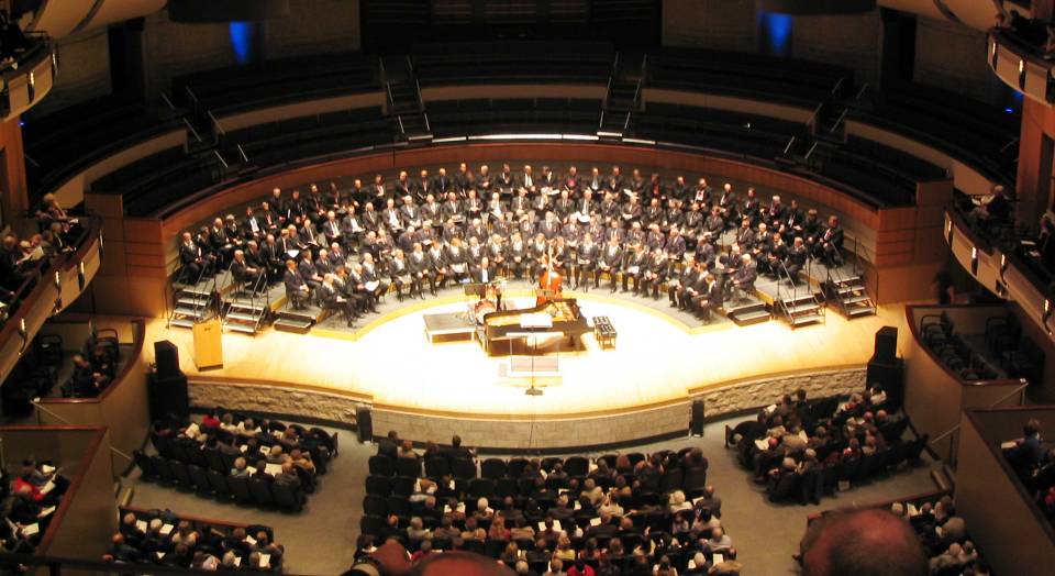The now discontinued Men Making Music group brought together 4 mens choirs to sing at the Winspear Centre for Music.