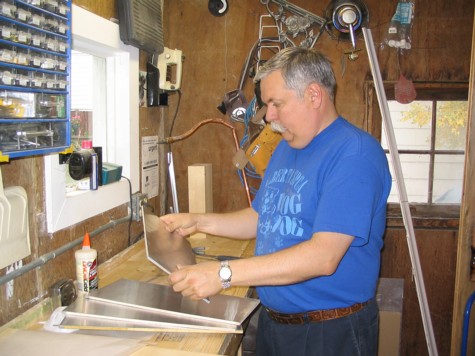 OK, here I am in my workshop inspecting the four aluminum and balsa panels that will become the rocker box on my dobsonian telescope. Time to get these panels just right - about 5 years.